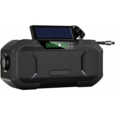 Haut-parleur Bluetooth portable avec radios AM FM, banque d'alimentation 5000 mAh IPX5 étanche à manivelle solaire avec lampe torche LED, alarme SOS, chargeur de téléphone portable USB