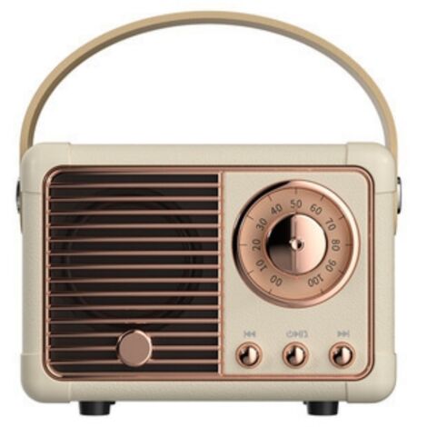 Haut-parleur Bluetooth vintage, radio FM rétro avec son puissant, connexion sans fil 5.0, compatible carte TF, design classique blanc.