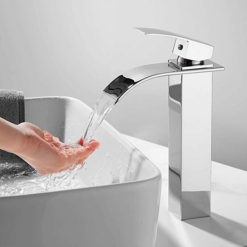 Haut Robinet de Lavabo Cascade, Robinet Salle de Bain avec Eau Froide & Chaude Disponible, Haut Cascade de Mitigeur Lavabo, Chromé - S-giant