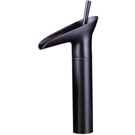 Haute cascade robinet mitigeur lavabo Vintage Bronze brossé Noir cuivre Robinetterie monotrou Mitigeur lavabo robinet chaud et froid robinet de lavabo（noire）