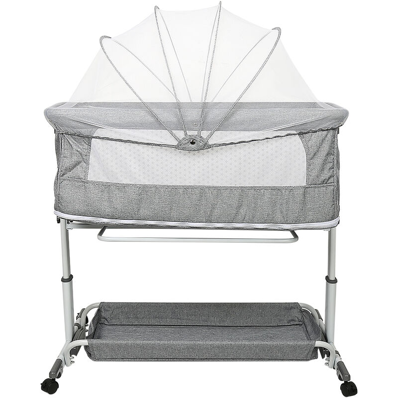 Lit de Berceau Relevable Avec Moustiquaire et 4 Roues Universelles Silencieuses Parc de Jeu - Gris