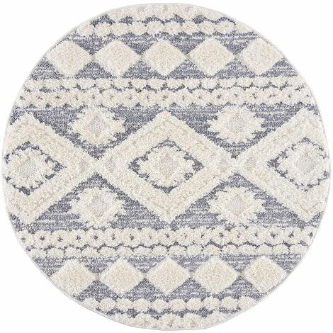 HAVA - Tapis rond à poils longs et relief gris et crème