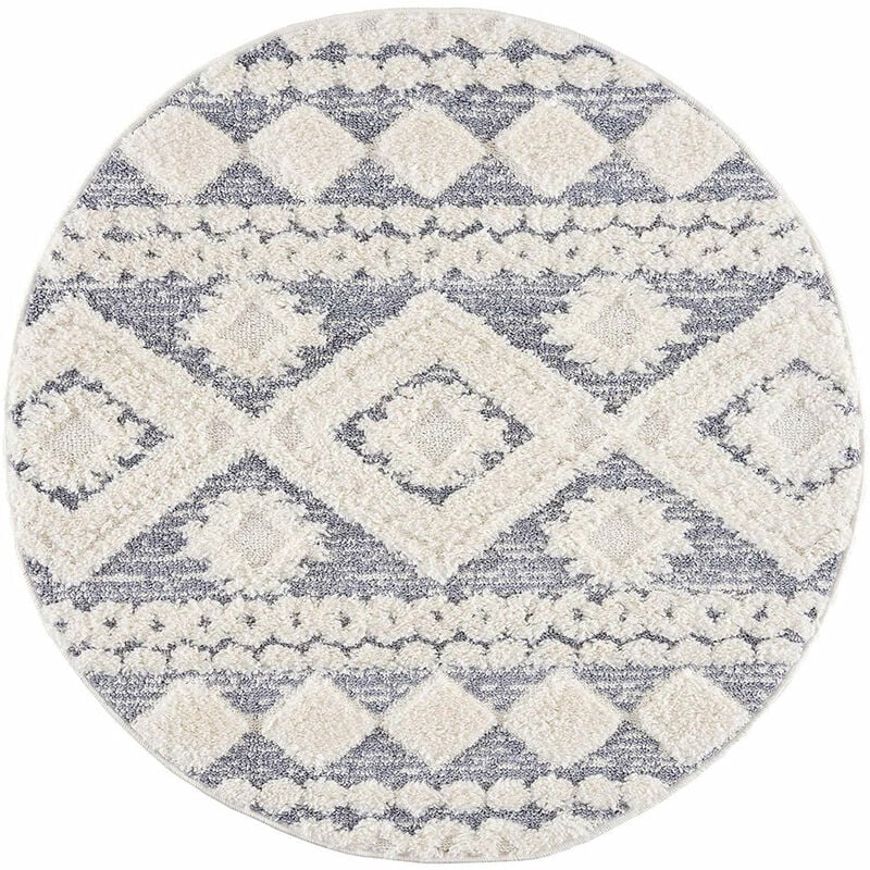 Böhmen - hava - Tapis rond à poils longs et relief gris et crème (120x120cm)
