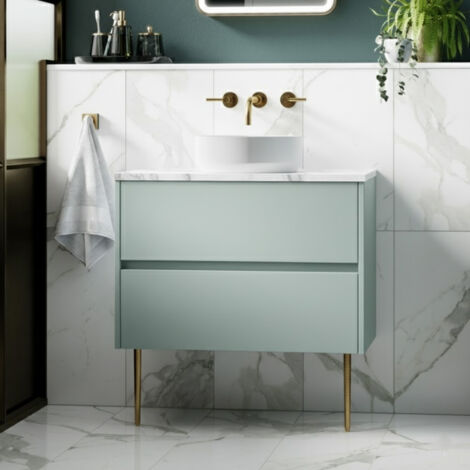 Havana Wall Hung 2-Drawer Vanity Unit with Carrera Marble Worktop 800mm Wide - Coastal Grey