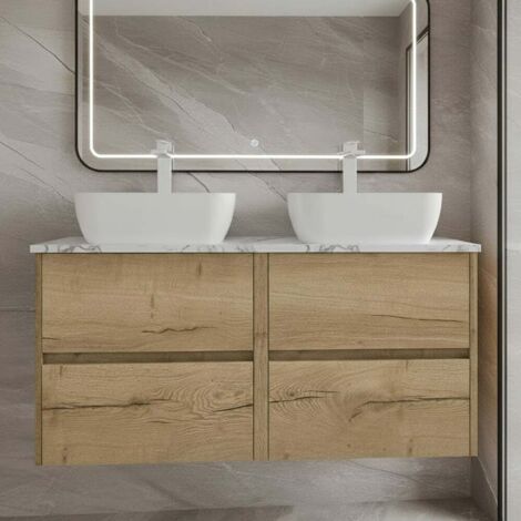 Havana Wall Hung 4-Drawer Vanity Unit with Carrera Marble Worktop 1200mm Wide - Autumn Oak