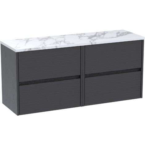 Havana Wall Hung 4-Drawer Vanity Unit with Carrera Marble Worktop 1200mm Wide - Graphite Grey Woodgrain