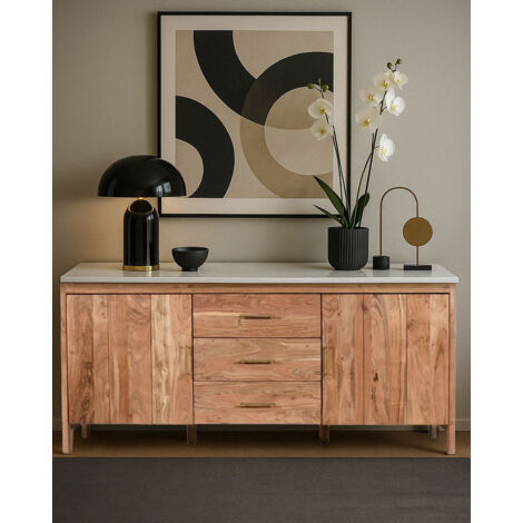 Havena - Buffet en bois massif et marbre blanc 180 cm