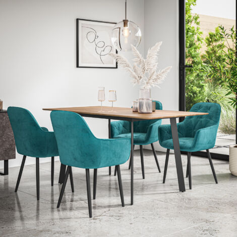 Haydon Extending Dining Table And Chairs -  Oak Effect Table Top w Black Legs + Anika Velvet Dining Chair Set Of 6 (Blue)