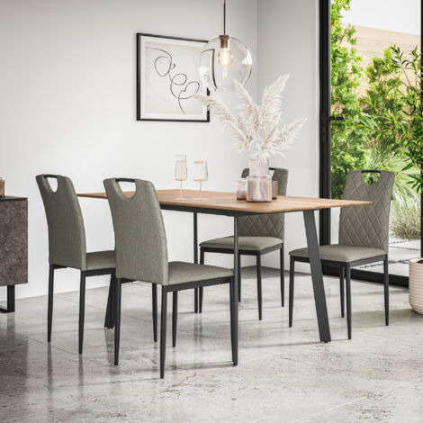 Haydon Extending Dining Table And Chairs - Oak Effect Table Top w Black Legs + Monza Linen Dining Chair Set Of 6 (Grey)