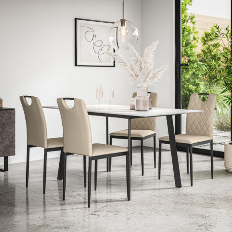 Haydon Extending Dining Table + Chairs- White Marble Effect Table Top w Black Legs + Monza Faux Leather Dining Chair Set Of 4 (Beige)