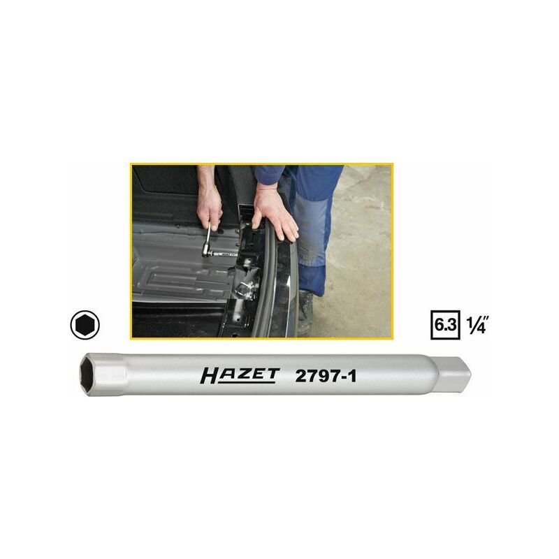 Hazet - Clé en tube pour pare-chocs - Carré creux 6,3 mm (1/4 pouce) - Profil à 6 pans extérieurs - Taille: 10 - Longueur totale: 160 mm - 2797-1