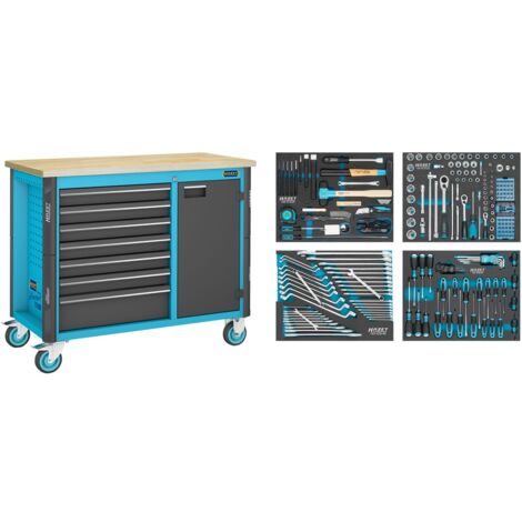 Hazet Fahrbare Werkbank, Schubladen, flach: 6 x 81 x 522 x 398 mm, Schubladen, hoch: 1 x 166 x 522 x 398 mm, Anzahl Werkzeuge: 230