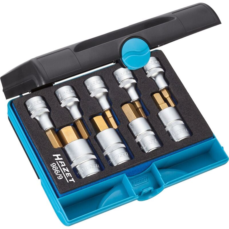 Hazet - Serie di inserti chiave a bussola per giraviti 986/9 ∙ Attacco quadro, cavo, 1/2 di pollice (12,5 mm) ∙ Profilo esagonale interno ∙ 9-pezzi ∙