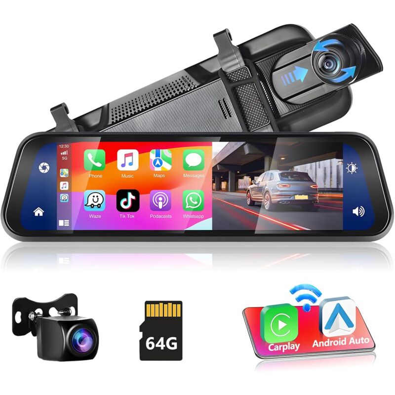 HD Rétroviseur Dashcam Caméra de Recul avec Apple CarPlay sans Fil Android Auto,9,66 Pouces 1080P IPS Écran Tactile Double Caméra de Tableau,2 Écrans