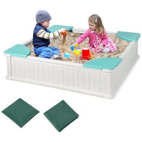 HDPE per bambini Sabbiera con 4 posti angolari, sabbiera per esterni con coperchio e rivestimento in tessuto Oxford, portata 50 kg, per 3+ anni, bianco