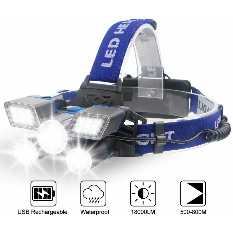 Head Torch Rechargeable 5 led Headlamp Ultra Bright Rechargeable Headlight with Power Indicator, Head Lamps Waterproof 9 Modes Work Light for Outdoor