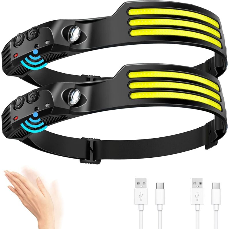 Headlamp Rechargeable (2 PCS), 230° Wide Beam Head Lamp with Motion Sensor, Waterproof Head Light Flashlight for Hiking, Running, Repairing, Fishing