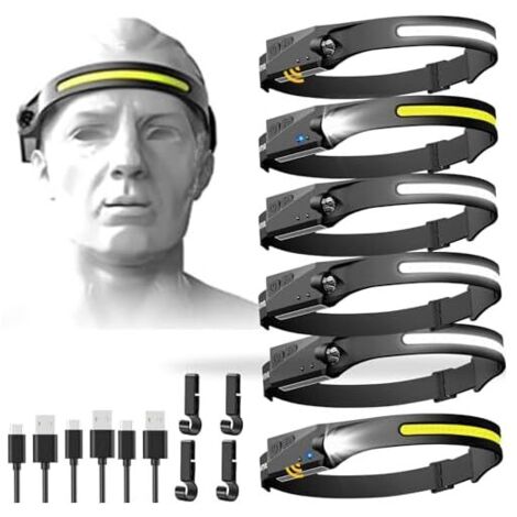 Headlamp Rechargeable - 230° Wide Beam - 6 Modes Motion Sensor - Camping Hiking Outdoor Use - 6 Pieces