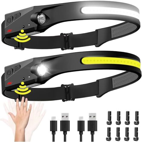 Headlamp Rechargeable 2PCS, 230° Wide Beam Head Lamp LED with Motion Sensor for Adults - Camping Accessories Gear, Waterproof Head Light Flashlight for Hiking, Running, Repairing, Fishing, Cycling