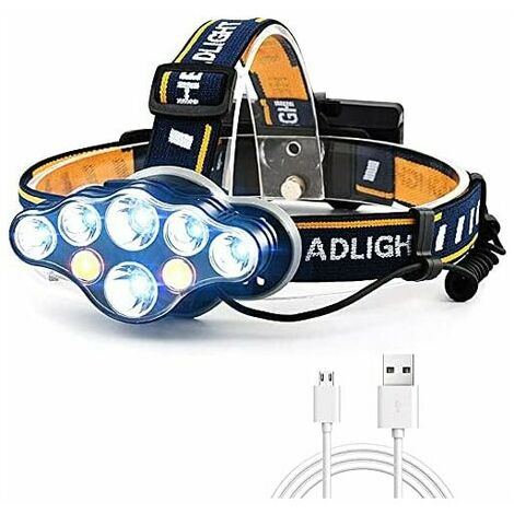 Headlamp, super bright 12000 lumens 6 LEDs 8 modes USB headlamp with red indicator, waterproof rechargeable headlamp, headlamp, with USB cable and 2 batteries
