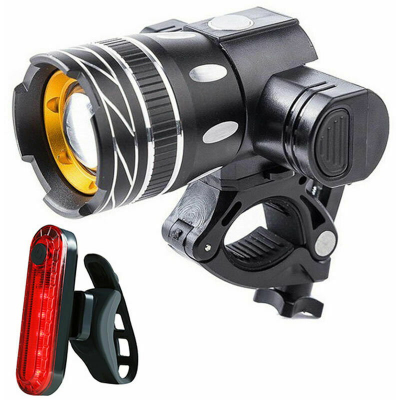 Headlight focus 3 effects bicycle light set - Integrated 1200 mAh battery - 360° adjustable base - IPX6 waterproof Rear light 4 effects/IPX4