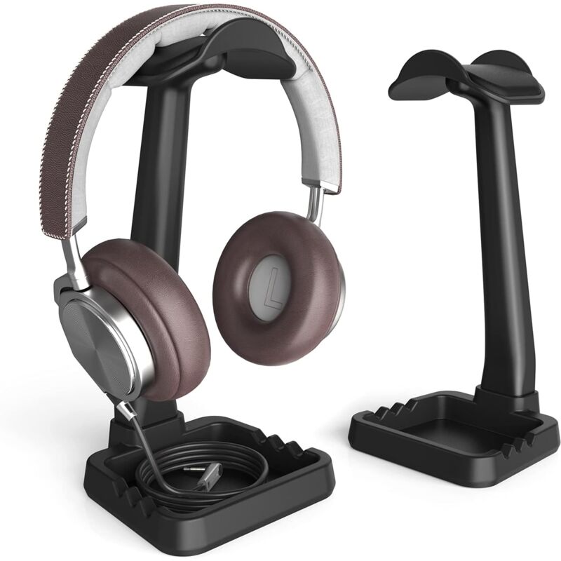 Headphone Stand with Cable Clip and Phone Holder, High Stability Multifunction Universal Gaming Headset Holder, Desk Earphone Stand Black