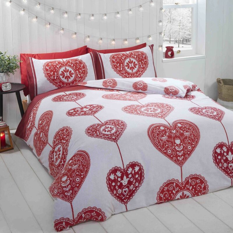 Hearts Scandi Duvet Cover Set, 100% Brushed Cotton, Red, Single