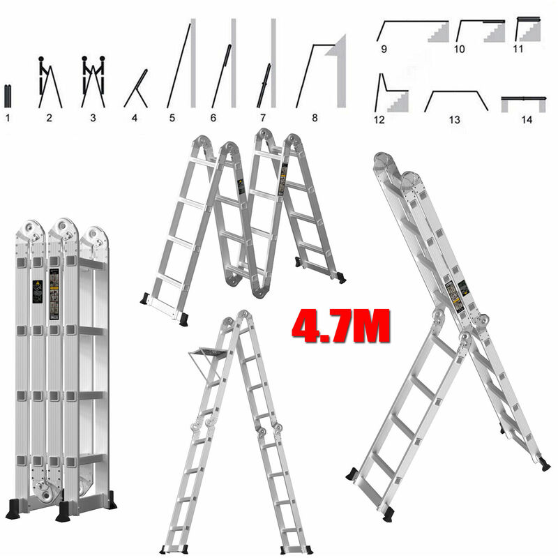 Heavy Duty 4.7M Multi Function 14 in 1 Aluminium Folding Ladder with 1 Tool Tray