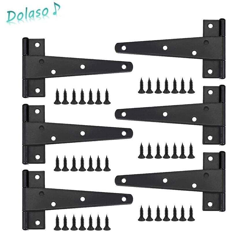 Heavy Duty Door Hinges 6pcs, 6 Inch Door Hinges, Black T-Hinges, Stainless Steel Flat Hinges, Iron Door Hinges, Heavy Duty Hinges