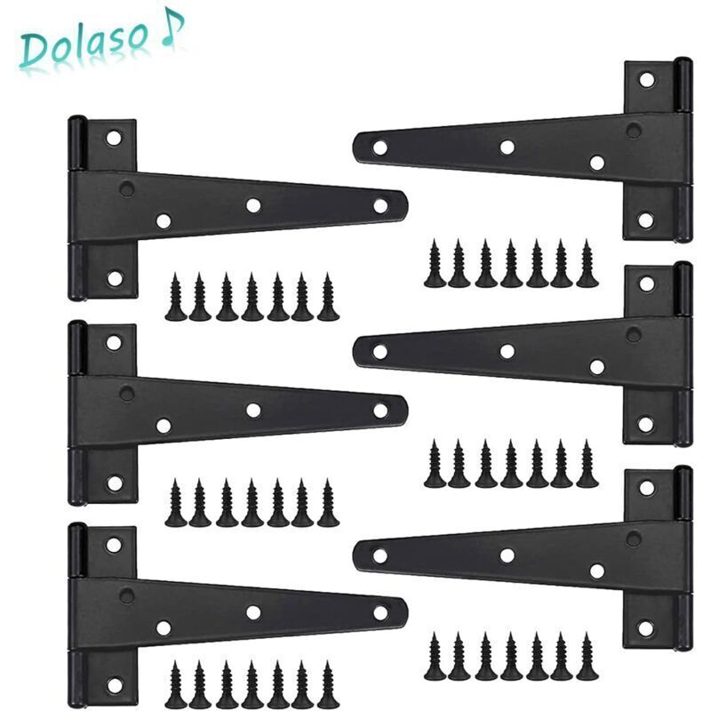 Heavy Duty Door Hinges 6pcs, 6 Inch Door Hinges, Black T-Hinges, Stainless Steel Flat Hinges, Iron Door Hinges, Heavy Duty Hinges for Doors, Windows,