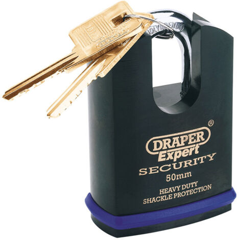 Heavy Duty Solid Steel Padlock with Shrouded Shackle, 50mm Locking Diameter, Model 64197 by Draper H/DUTY