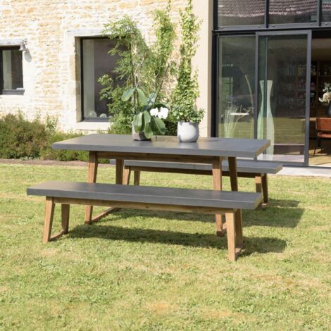 HECTOR - Ensemble de jardin béton, bois acacia table 18090cm et 2 bancs