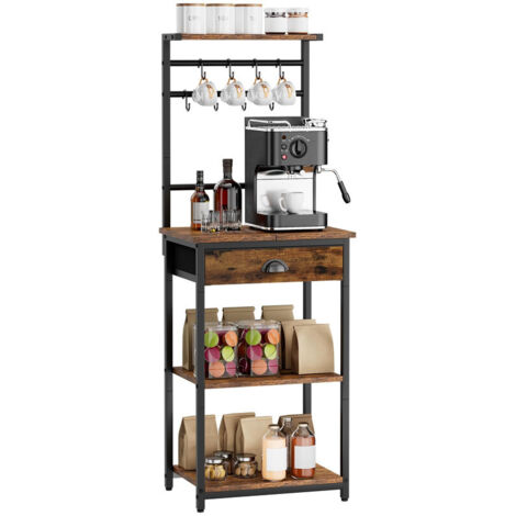 Height-Adjustable 5-Tier Coffee Stand with Fabric Drawers, 8 S-Shaped Hooks & Corner Bar Cabinet for Kitchen & Living Room