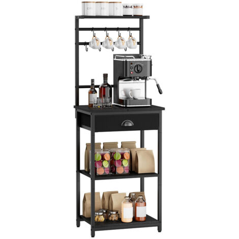 Height-Adjustable 5-Tier Coffee Stand with Fabric Drawers, 8 S-Shaped Hooks & Corner Bar Cabinet for Kitchen & Living Room