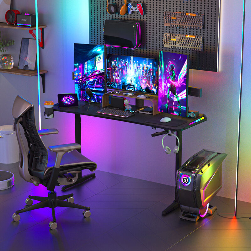 63 inch Long, Height Adjustable Gaming Computer Desk RGB LED Racing Table Home With Headphone Hook Cup Holder