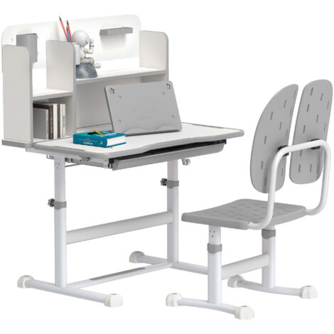 Height Adjustable Kids Desk and Chair Set, Children School Study Desk with Tiltable Desktop, Reading Rack, Grey