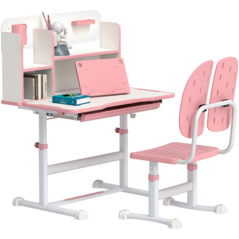 Height Adjustable Kids Desk and Chair Set, Children School Study Desk with Tiltable Desktop, Reading Rack,  Pink