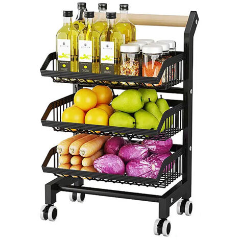 Heikoeco® Chariot de Rangement Multifonctionnel à 3 Étages sur Roues, Étagère de Cuisine pour Légumes, Bureau, Salon, Cuisine, Mobile, Noir
