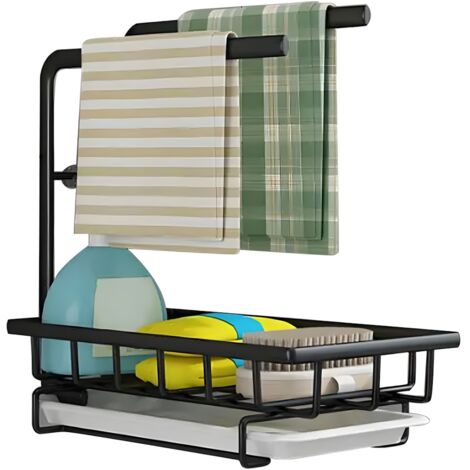 Heikoeco® Organiseur d'Evier, Organiseur de Cuisine en Métal, Organiseur de Salle de Bains avec Porte Eponge & 2 Porte-Lavettes & Egouttoir Amovible, Rangement Extra Durable pour Cuisine (Noir, fixati
