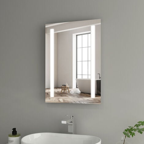 Heilmetz 500 × 700 mm Bathroom Mirror with Shaver Socket, Illuminated Vanity Bathroom Mirror with LED Light Touch Switch Pad Demister Vertical IP44 Waterproof