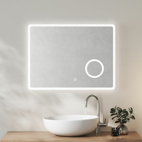 Heilmetz Backlit LED Illuminated Bathroom Mirror, Wall Mounted Smart Mirror 800×600mm with Touch Switch & Demister Pad & 3-Fold Magnification