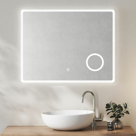 Heilmetz Backlit LED Illuminated Bathroom Mirror, Wall Mounted Smart Mirror 900×700mm with Touch Switch & Demister Pad & 3-Fold Magnification