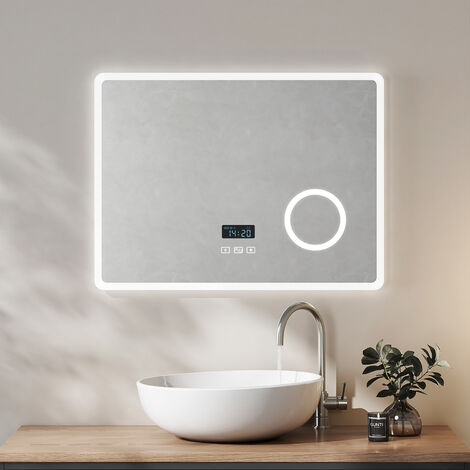 Heilmetz Badspiegel mit Beleuchtung 80x60cm Variabel Dimmbar Licht mit Bluetooth und mit 3x Lupe IP44 Wasserdicht Badspiegel