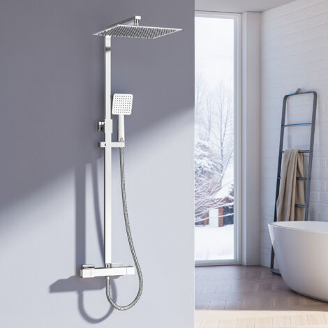 Heilmetz – Colonne de douche thermostatique avec thermostat – Douche de tête carrée 30 cm – Douchette à main – Acier inoxydable – Barre réglable 80-118 cm