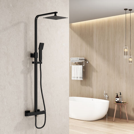 Heilmetz – Colonne de douche thermostatique noire – Douche de tête ronde 20x20cm en acier inoxydable – Douche à main ABS – Flexible 150cm