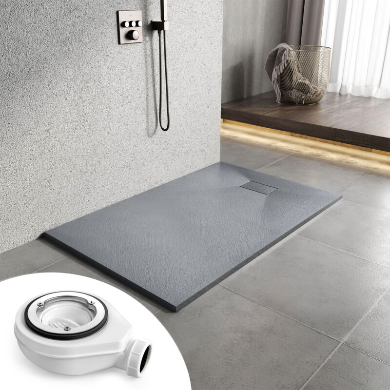Receveur de douche antidérapant 140x90 cm en smc, design effet pierre, gris, avec bonde - Heilmetz