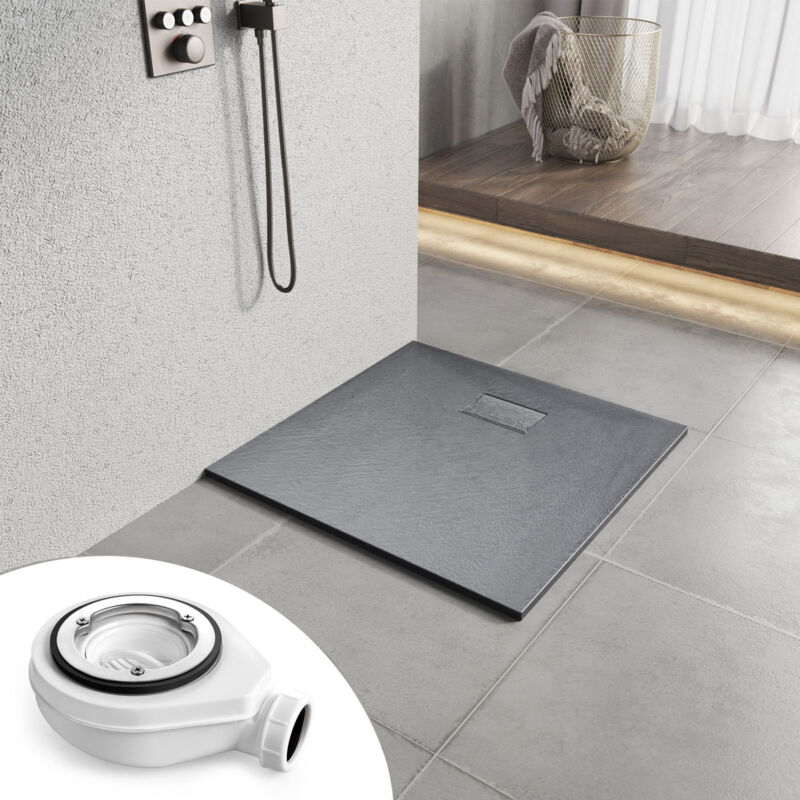 Heilmetz Receveur de douche antidérapant 80x80 cm en SMC, design effet pierre, gris, avec bonde