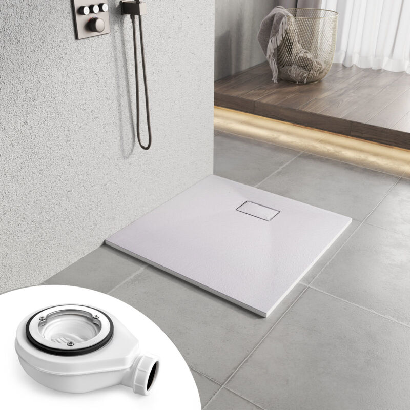 Receveur de douche antidérapant 80x80 cm en smc, design effet pierre, blanc, avec bonde - Heilmetz