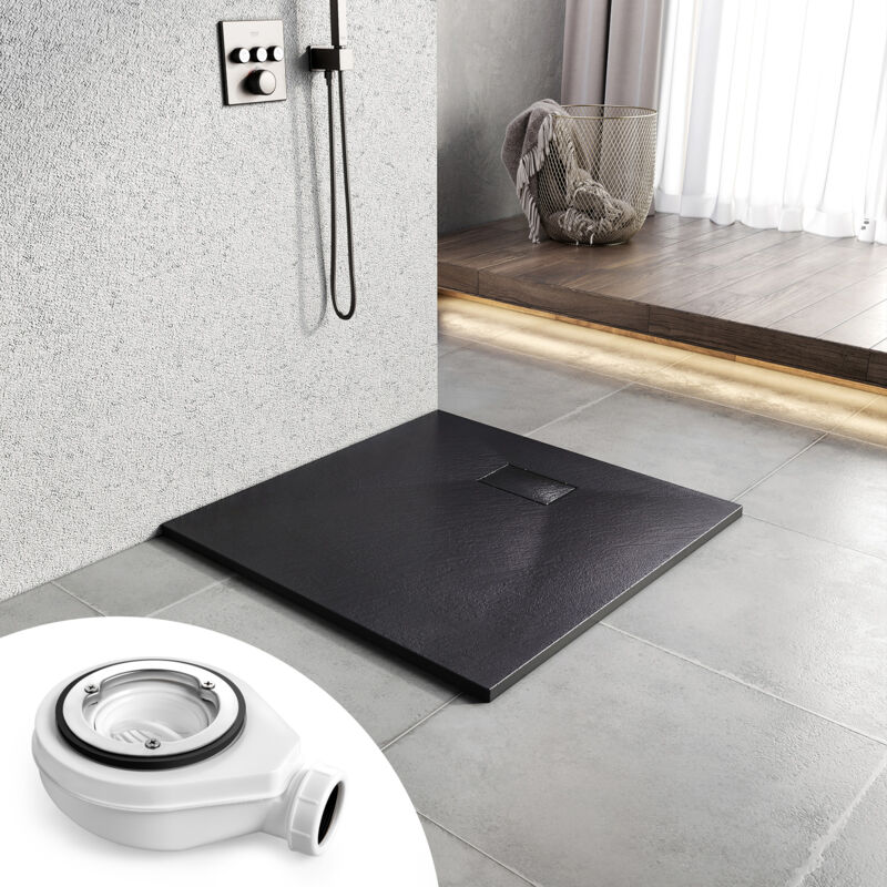 Receveur de douche antidérapant 90x90 cm en smc, design effet pierre, Noir, avec bonde - Heilmetz