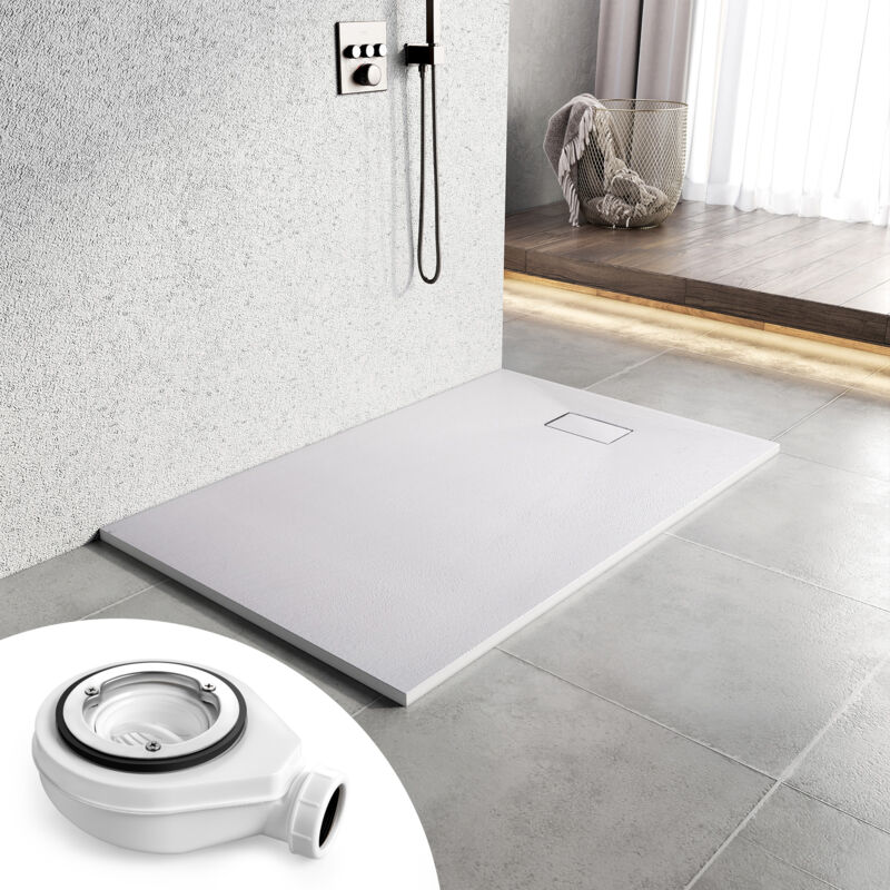 Heilmetz Receveur de douche antidérapant 140x90 cm en SMC, design effet pierre, blanc, avec bonde